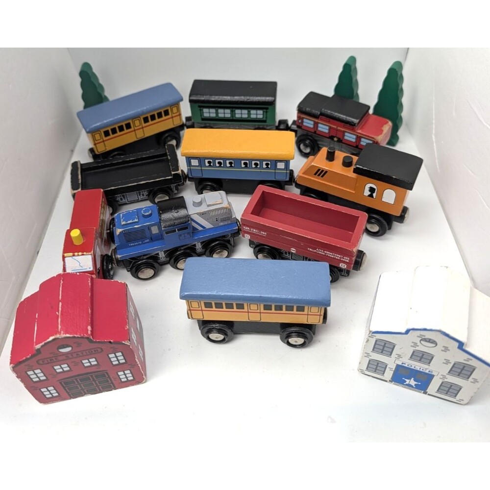 Wooden Trains Set Of 15 Fire Truck Coaches Trees Buildings Kids Pretend Play